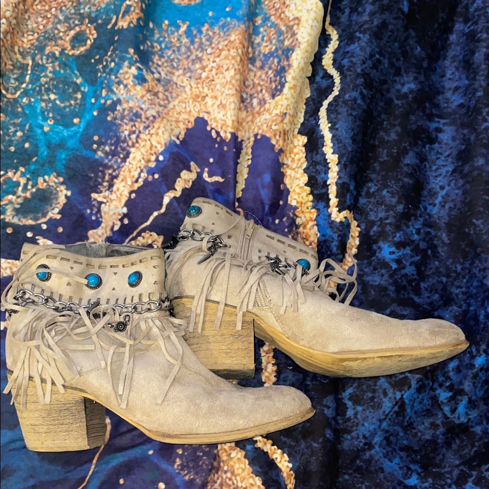 Fringe Ankle Boots with Turquoise Accents